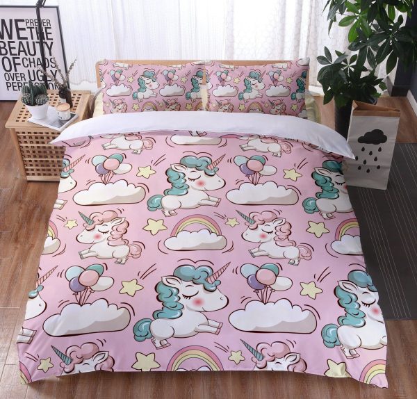 Unicorn Pattern With Cloud And Rainbow In Cute Pink Background Bedding Set Twin