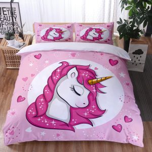 Unicorn Sleeping In Heart And Pink Background Bedding Set Queen