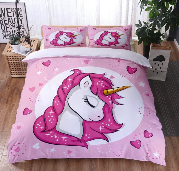Unicorn Sleeping In Heart And Pink Background Bedding Set Queen