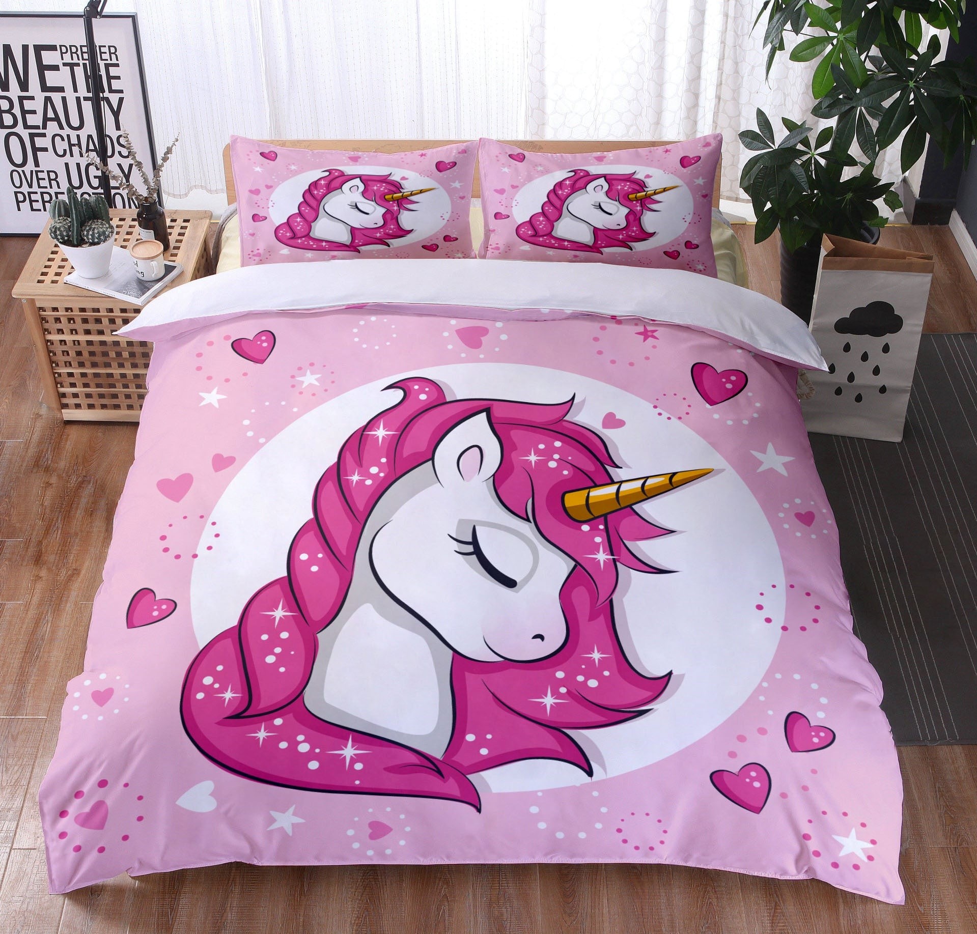 Unicorn Sleeping In Heart And Pink Background Bedding Set Queen Unicorn Sleeping In Heart And Pink Background Bedding Set Queen