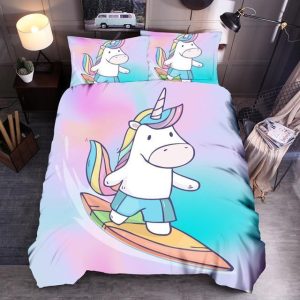 Unicorn Surfing On Rainbow Background Bedding Set Twin