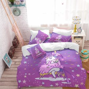 Unicorn With Flamingo Feather In Colorful Star Background Bedding Set Queen