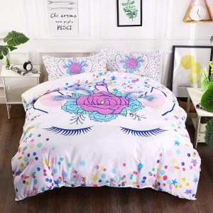 Unicorn With Pink Flower In Colorful Dot Background Bedding Set Full