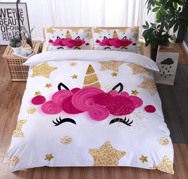 Unicorn With Pink Hair And Twinkle Horn And Star Bedding Set Twin