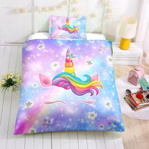 Unicorn With Rainbow Hair And Horn In Galaxy Background Bedding Set Full