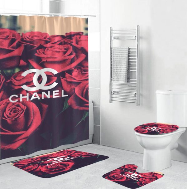 Coco Chanel Logo In Maroon And Grey Stripes Bathroom Shower Curtain Set