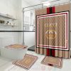 Gucci Golden Logo With Vintage Web In Brown Monogram Background Bathroom Set With Shower Curtain