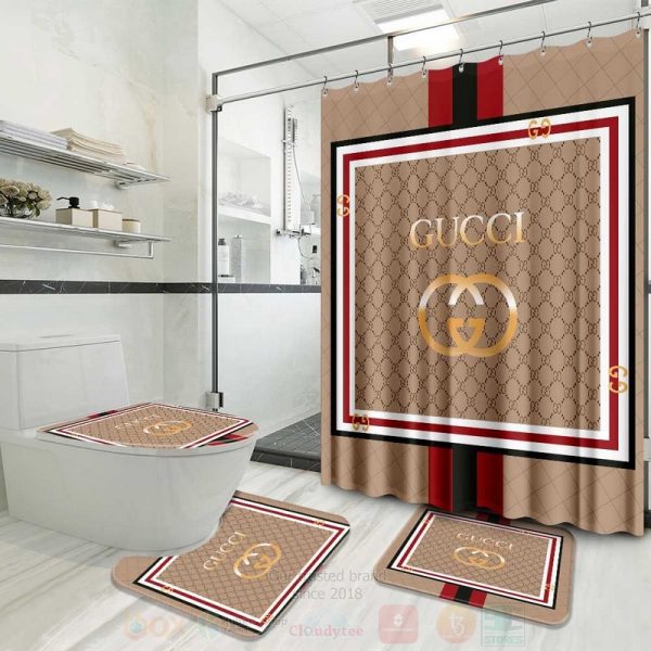 Gucci Golden Logo In Brown Monogram Background Bathroom Set With Shower Curtain