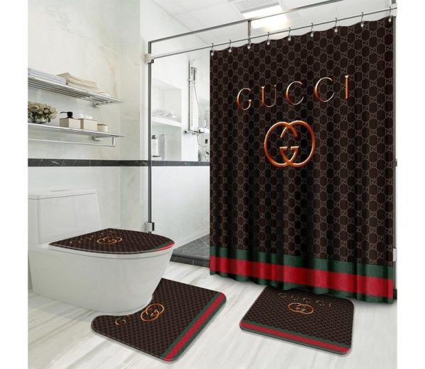 Gucci Golden Logo With Vintage Web In Brown Monogram Background Bathroom Set With Shower Curtain