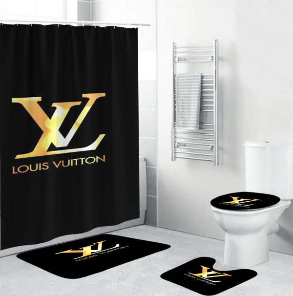 Louis Vuitton Big Golden Logo In Black Backgorund Shower Curtain Set