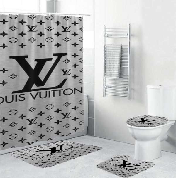 Louis Vuitton Big Logo Monogram In Grey Bathroom Set With Shower Curtain