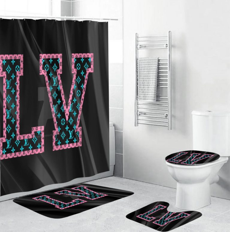 Louis Vuitton Big Mint And Pink Monogram Logo Bathroom Set With Shower Curtain REVER LAVIE