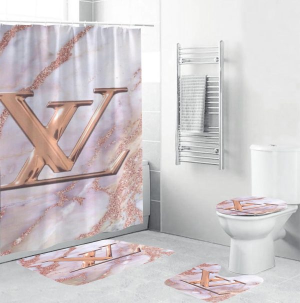 Louis Vuitton Bronze Logo In Marble Background Shower Curtain Set