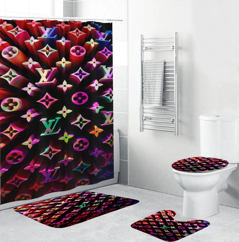 Louis Vuitton Colorful 3D Monogram Bathroom Set With Shower Curtain