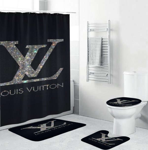 Louis Vuitton Glitter Logo In Black Background Shower Curtain Set
