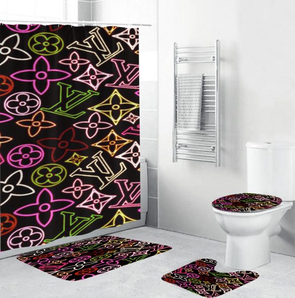 Louis Vuitton Neon Monogram In Black Background Shower Curtain Set