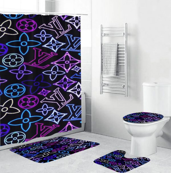 Louis Vuitton Purple And Blue Neon Monogram Bathroom Set With Shower Curtain