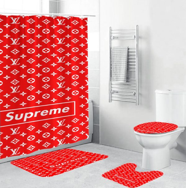 Louis Vuitton Supreme In Red Bathroom Set With Shower Curtain