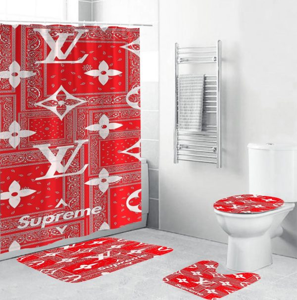 Louis Vuitton Supreme In Red Paisley Pattern Shower Curtain Set
