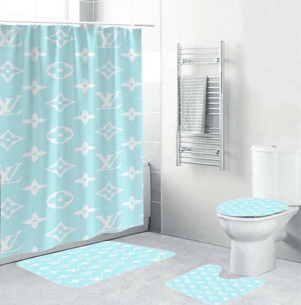 Louis Vuitton White Monogram In Mint Background Shower Curtain Set
