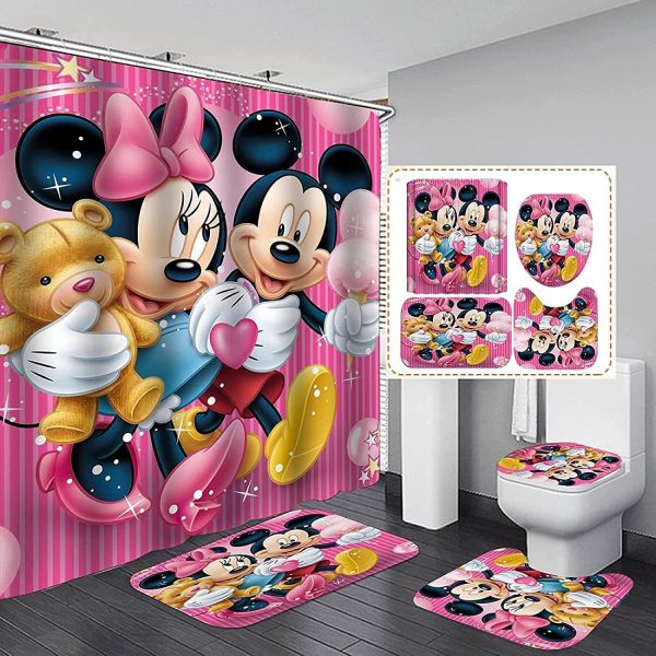 Mickey And Minnie Mouse Hang Out In Pink Stripe Bathroom Set