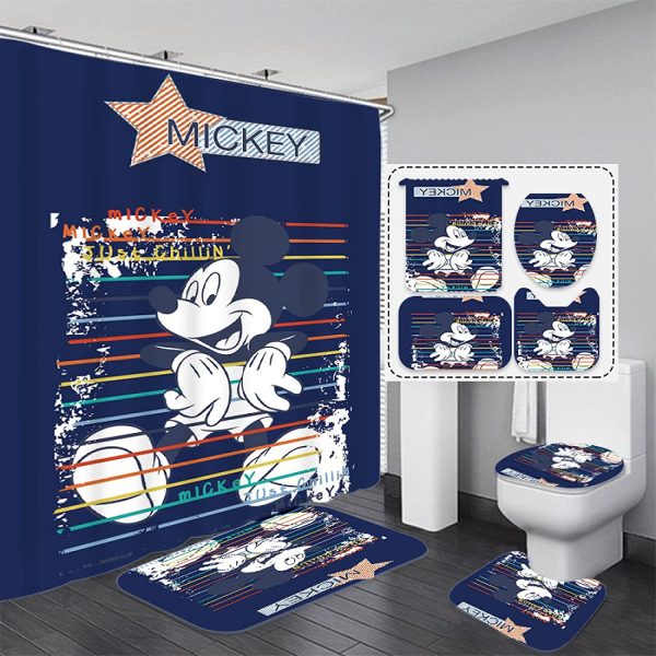 Mickey Mouse Just Chillin’ In Navy Background  Bathroom Shower Curtain Set