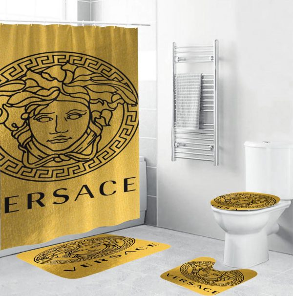 Versace Big Black Logo In Golden Background Bathroom Accessories Set