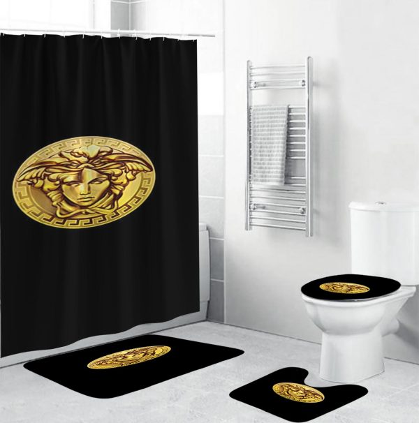 Versace Golden Logo In Mistic Black Bathroom Shower Curtain Set
