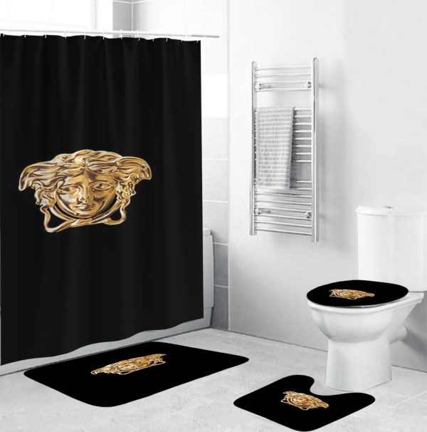 Versace Golden Medusa Face In Black Bathroom Shower Curtain Set