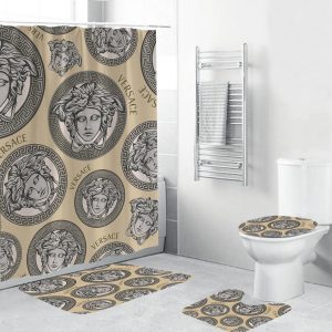 Versace Silver Logo Pattern In Sand Background Bathroom Shower Curtain Set