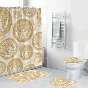 Versace Yellow Logo Pattern In Beige Background Bathroom Shower Curtain Set