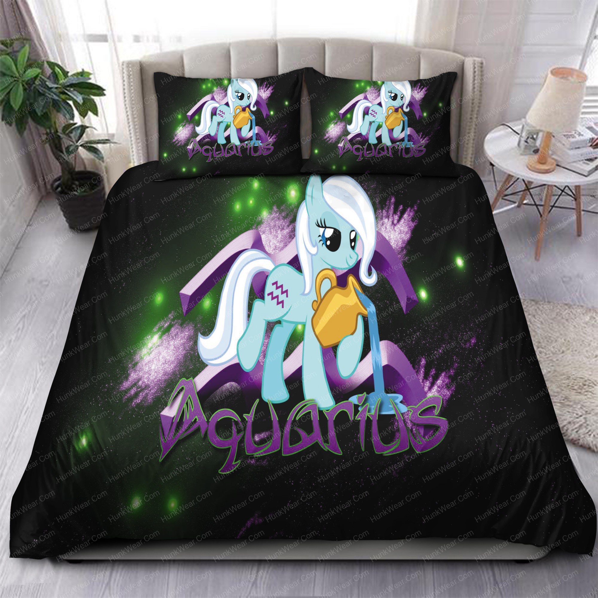 Aquarius Pony Zodiac Art In Black Background Bedding Set Aquarius Pony Zodiac Art In Black Background Bedding Set