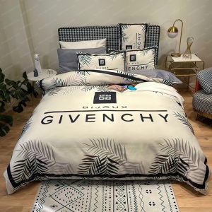 Bijoux Givenchy Signature Logo In White Backgroud With Blue Tropical Pattern Bedding Set
