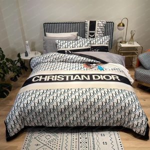 Christian Dior Black & White Logo In Dior Oblique Background Bedding Set