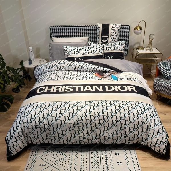Christian Dior Black & White Logo In Dior Oblique Background Bedding Set