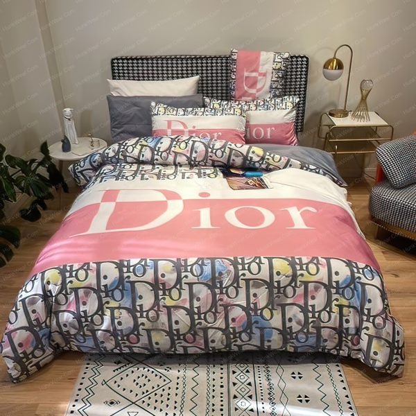 Dior White And Pink Logo In Colorful Dior Oblique Background Bedding Set