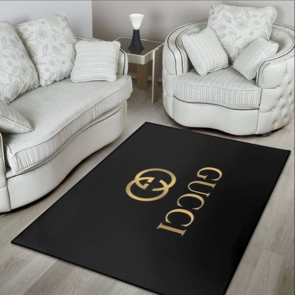 Gucci Golden Logo In Black Background Area Rug