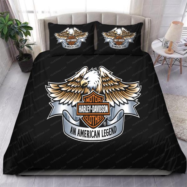 Harley Davidson Motorcycle American Eagel In Black Background Bedding Set