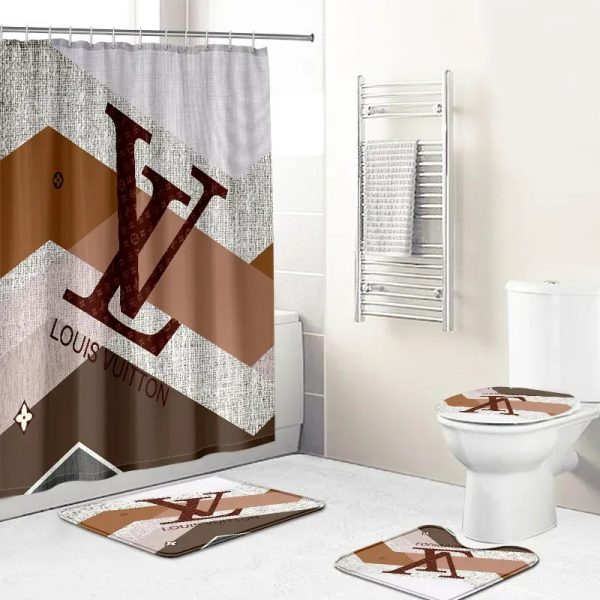 Louis Vuitton Big Brown Logo Fancy With Beige And Brown Stripes Bathroom Set