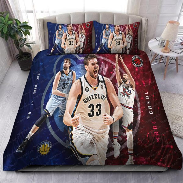 Marc Gasol Toronto Raptor In Blue And Red Background Bedding Set