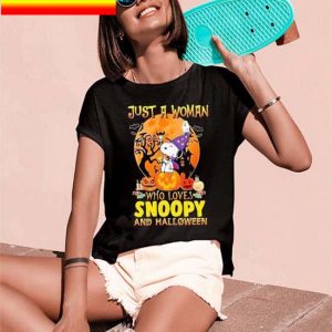Official Just A Woman Who Loves Snoopy With Pumpkin And Halloween T-Shirt
