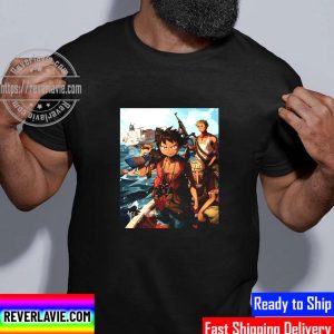 One Piece Pirates Luffy Zoro And Usopp With Guns In The Sea Unisex T-Shirt