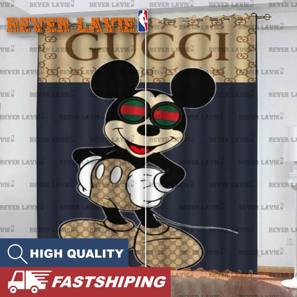 Gucci Addict Mickey Mouse In Signature Monogram Brown And Black Background Window Curtain