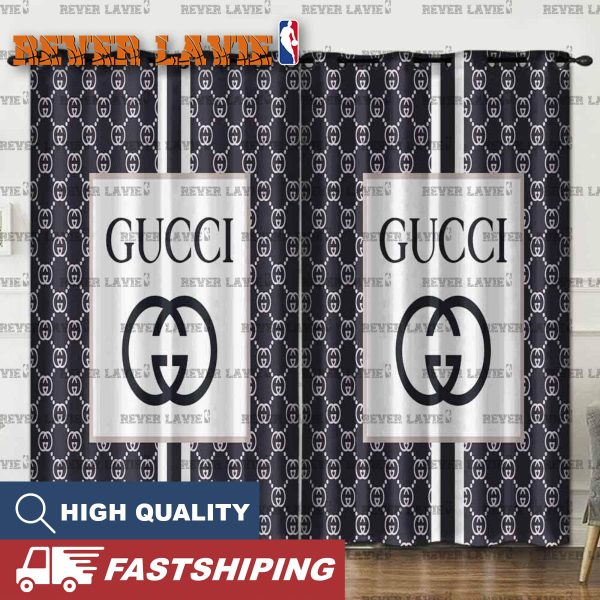 Gucci Big Logo In Blue Monogram Background Splited Window Curtain