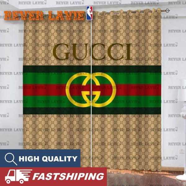 Gucci Big Logo In Signature Vintage Web Red And Green In Brown Monogram Background Window Curtain