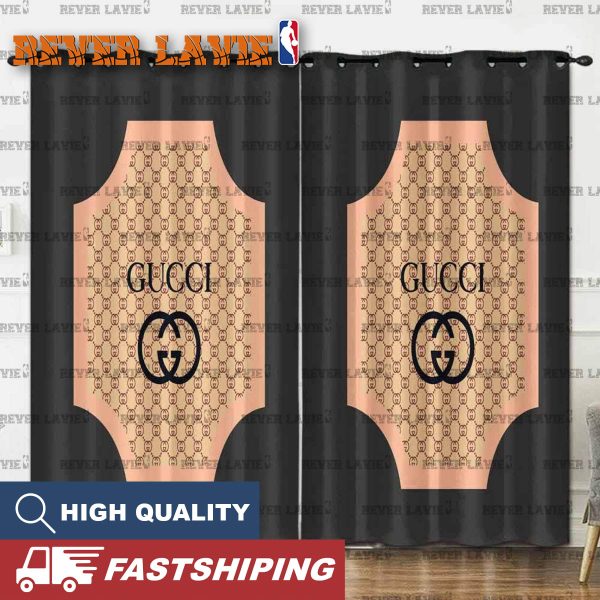 Gucci Big Logo With Brown Monogram Inside Smoke Grey Background Window Curtain