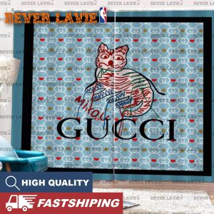 Gucci High Fashion Doodle Cat In Blue Monogram Background Window Curtain