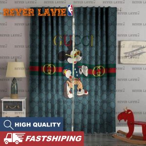 Gucci Mickey Luxury Player Colorful Logo With Vintage Web In Fancy Blue Monogram Background Window Curtain