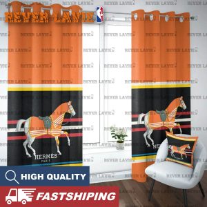 Hermes Paris Orange Horse In Black And Orange Background Fancy Window Curtain