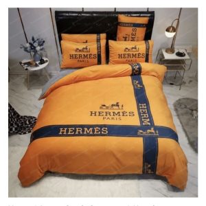 Hermes Signature Logo With Navy Ribbon In Orange Background Bedding Set